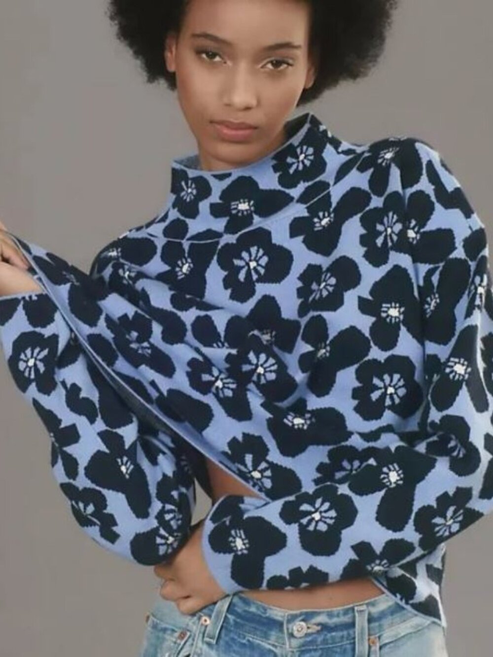 Maeve by Anthropologie Carys Floral Mock Neck Sweater Blue Boxy Fit Sz Medium